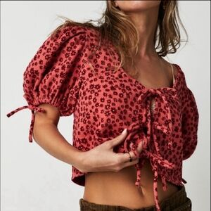 Free People Sweet Sun Top Salmon Floral Tie Front Puff Sleeve